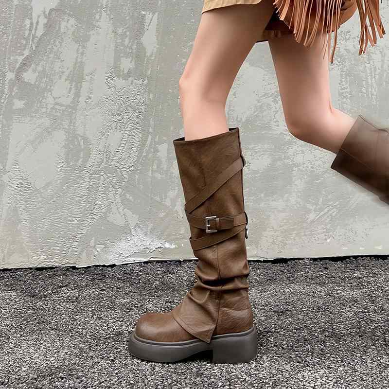 レディース ロングブーツ 赤銅色 メランジ 厚底 御機嫌取りすてる ブーツ取りすてる ウエスタン ジーンズ風 レトロ 秋冬用 伸縮性 軽さ アウトドア相応う