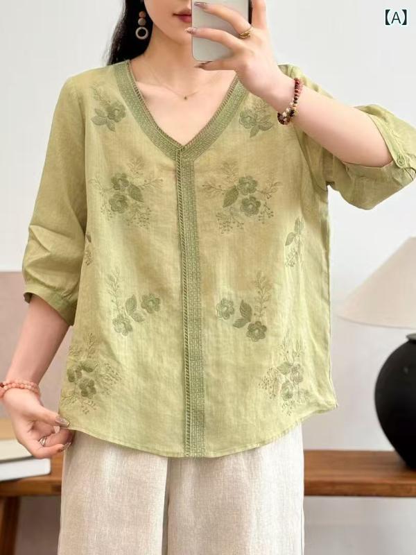 トップ レディース 麻混トップス 七分袖 ティーシャツ ゆったり リネン手当たり 冷やりとした 通気性 もの柔らか原料品 無地 分かりやすい 普段着 事務室 お出かけ 心地よい 体型取りまかなう 着回しし分かりやすい