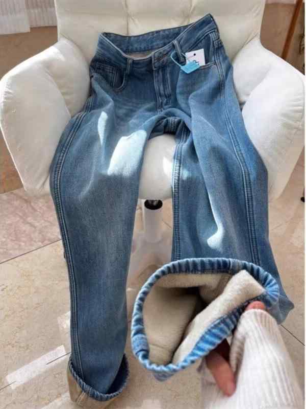 レディース デニムパンツ 秋冬 厚手 保温 ハイウエスト ストレート ワイドレッグ ゆったり 落ち感 レトロ ブルー ロング コットン混 カジュアル ボトムス
