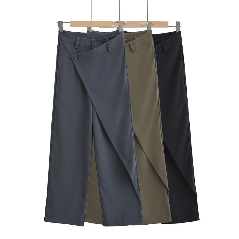 レディース パンツ ハイウエスト ワイドレッグ ストレート 細見え 西装風 ロング ドレープ感 不規則 春 落ち感 ゆったりシルエット 通勤用 軽量 吸湿速乾