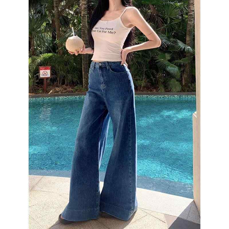 レディース ワイドレッグパンツ ハイウエスト ストレッチ 脚長効果 スリム 股隠し ロング丈 デニム 春秋 カジュアル 普段使い 通勤