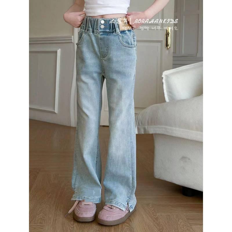 パンツ 女の子用 キッズ 伸縮性 デニム フレア スリムフィット 春 ロング丈 カジュアル 普段使い スタイリッシュ ジュニアサイズ