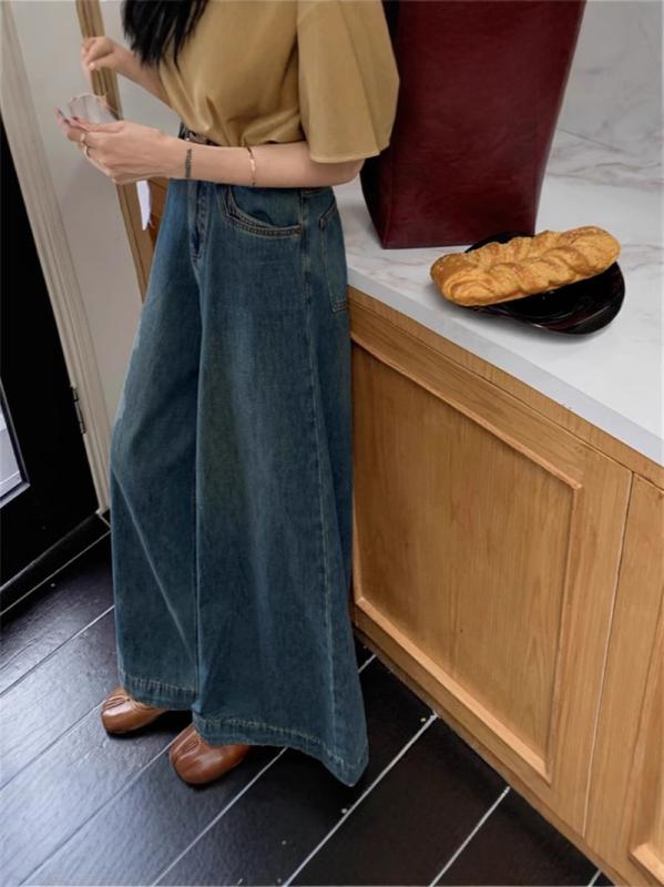 パンツ レディース ハイウエスト デニム ワイドレッグ ストレート ゆったり 細見え 小柄対応 ドレープ感 ロング丈 春秋 カジュアル 普段使い 伸縮性