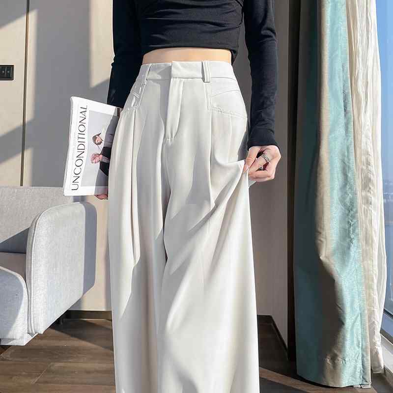 レディース パンツ 白 スーツスタイル ワイドレッグ ストレート 春夏 カジュアル ゆったり スリム効果 ドレープ感 ロング丈 フルレングス 普段使い