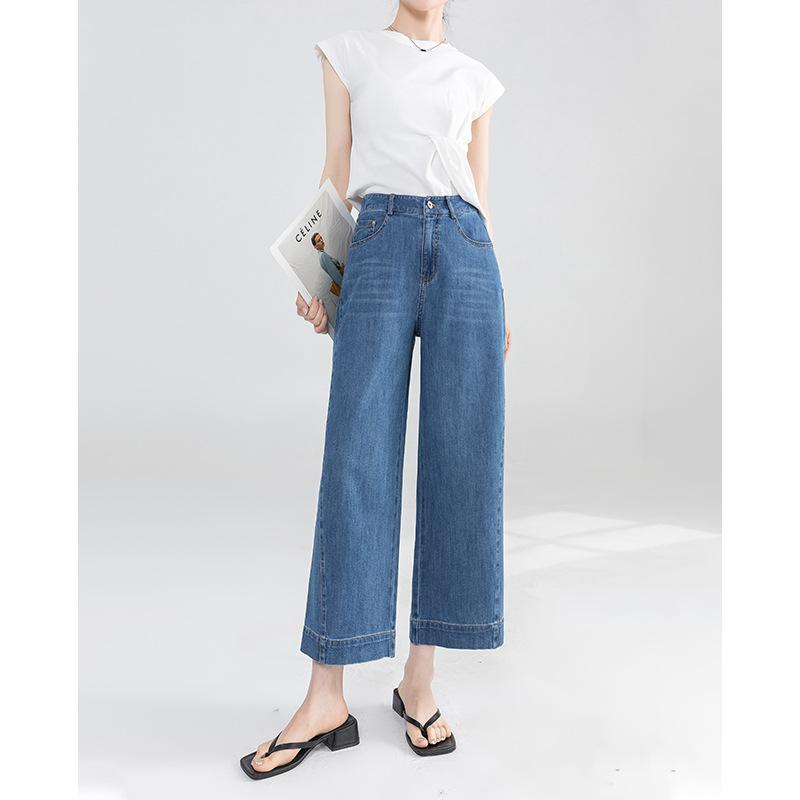 レディース デニムパンツ 夏用 薄手 ハイウエスト ワイドレッグ ゆったり スリム見せ ドレープ 小柄対応 9分丈 ストレート カジュアル デニム素材 軽量 伸縮性