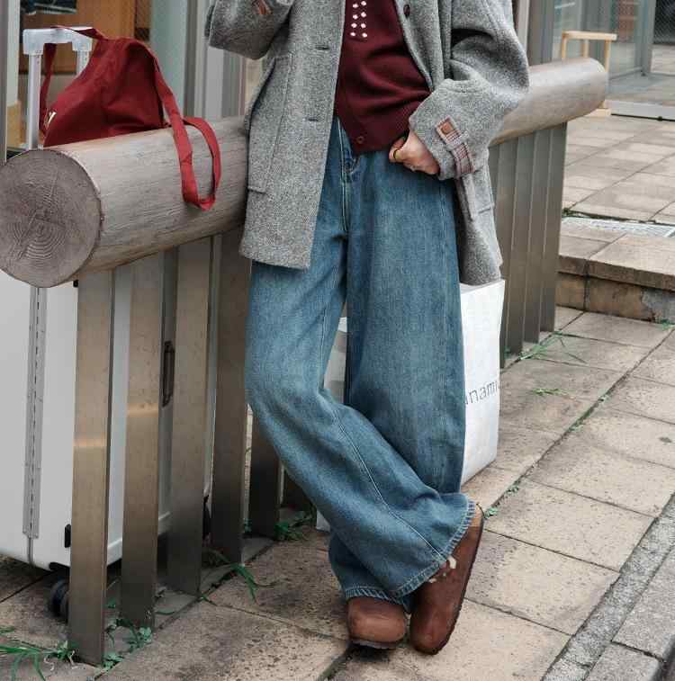 ストレートジーンズ レディース ゆったりワイドレッグ 水洗い加工 ミッドライズ デニムパンツx2