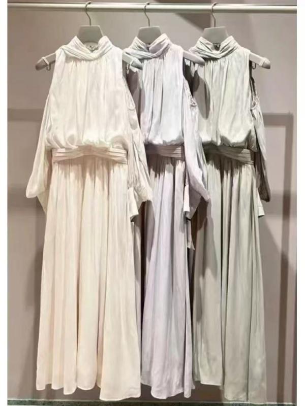 レディース オフショルダー パフスリーブ ハルターネック ウエストシェイプ ロングドレス ギリシャ風 エレガント 日系スタイル 爽やか 軽やか 女性らしい シルエット 夏向き 通勤 デート 普段使い｜やすらぎマーケット