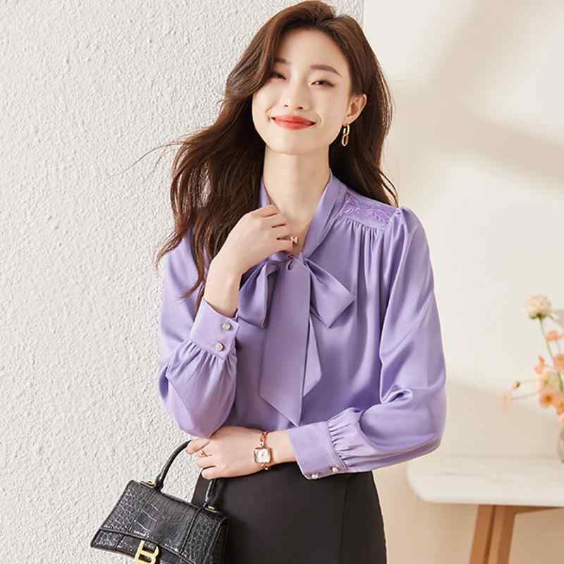 シフォンブラウス 女性用 長袖 白 蝶結び リボン フレンチスタイル 上品 通勤向き オフィス トップス 高級感 柔らかい素材 軽やか スタイリッシュ レイヤード向き