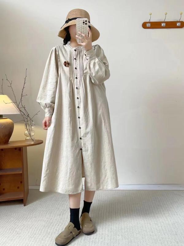衣裳 レディース 春夏 レトロ森系プリーツリネンコットンシャツワンピース ゆったり 減齢か細い 風表現スタイル