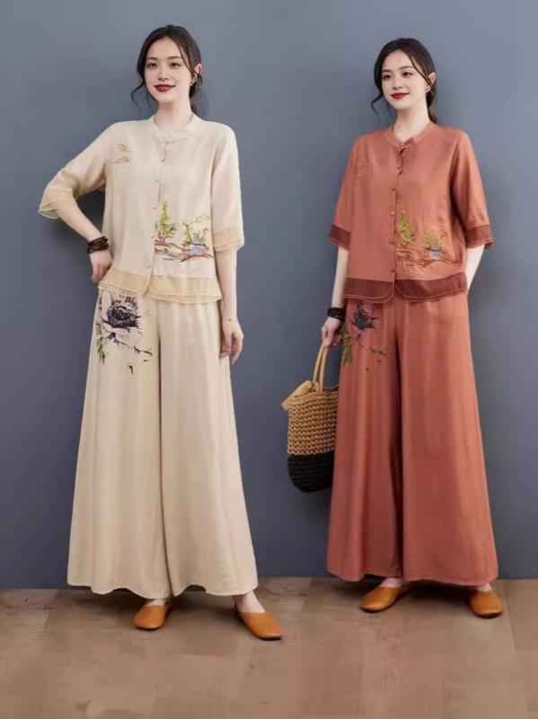 夏服 セットアップ レディース 刺繍 中袖 ブラウス ワイドパンツ スタイリッシュ ママファッション 洋風 快適 日常使い