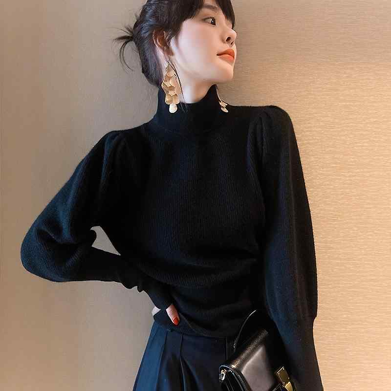 編み物スウェーター レディース 黒いこと ハイネック 羊毛混 秋冬 日系風 か細い 弾力性  雅びやか ロング丈 優しいこと 今めかしい 填まる感