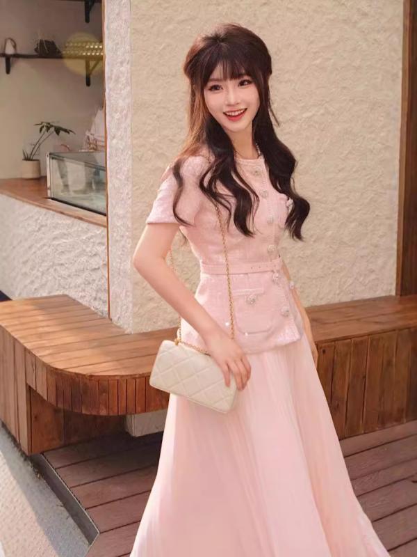 ツーピースセット レディース ピンク シャネル風 スパンコール ウエストシェイプ ブラウス プリーツ スカート 春夏 エレガント フェミニン 光沢 フレアシルエット