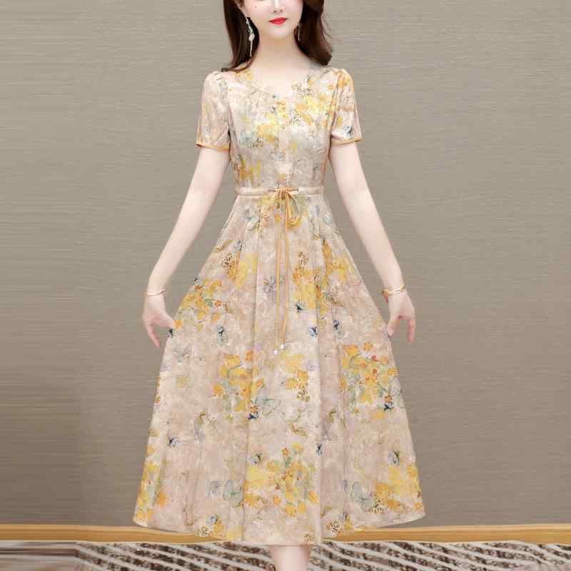 ワンピース レディース フラワー柄 中長丈 大サイズ スリムシルエット おしゃれ 洋気 ママファッション 高級 花柄ドレス 日常使い フェミニン スタイリッシュ