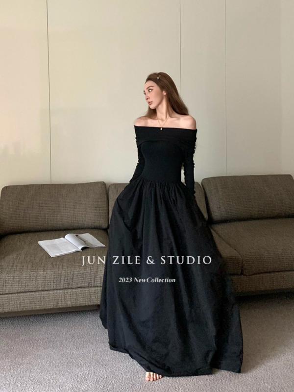 ワンピース レディース 秋 オフショルダー 長袖 ロング ハイウエスト プリーツ セクシー 背中 高級感 気品 フェミニン スタイリッシュ 膝下丈 エレガント