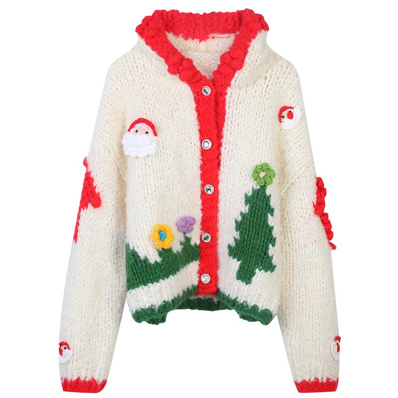 ニットカーディガン レディース 秋冬 ゆったりフード付き 甘めリラックス風 サンタクロース刺繍 セーター アウター 暖かみ 日常使い