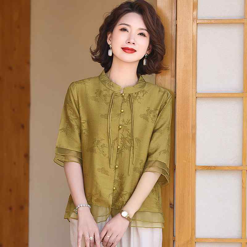 夏服 レディース 中華風 短袖 ブラウス セット 大きいサイズ スタイリッシュ ファッション ゆったり カジュアル モダン エレガント 日常着 快適 リラックス