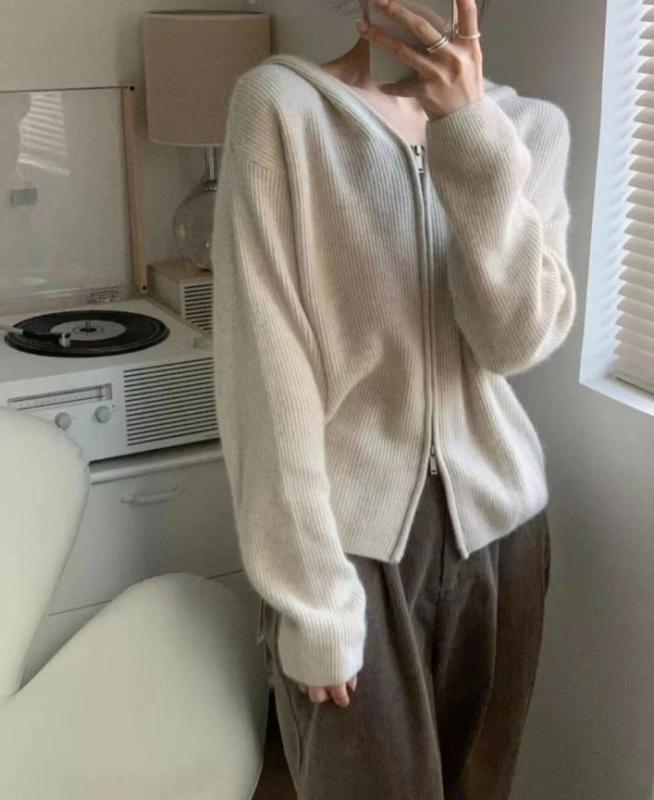 編み物ジレー レディース ボンネット付き添い人 ゆったり長袖 朦々たる アウター ダブルファスナー 単色  雅びやか 心地よい 普段使い走り 秋冬 花の冠yd針路 パステル色の原料品感