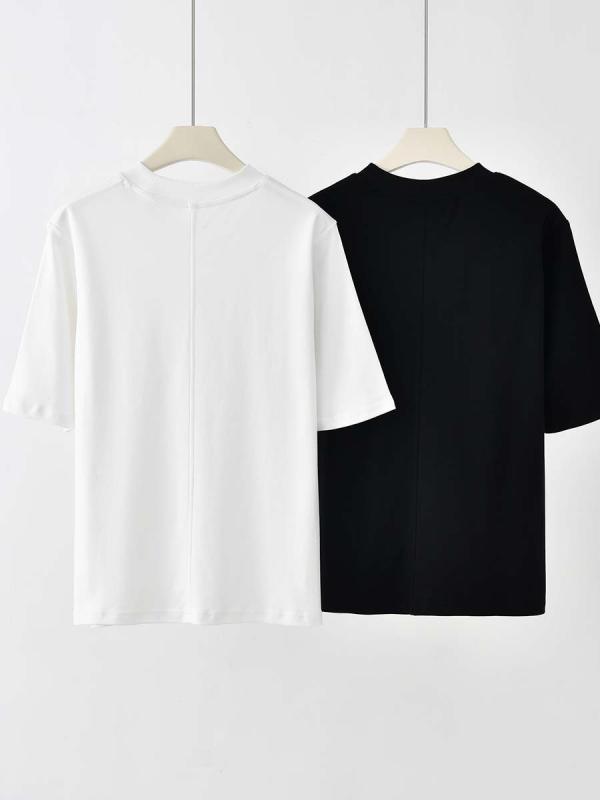 Tシャツ レディース 極簡 フレンチ スタンドカラー 中袖 ゆったり シルエット スリム 効果 バックステッチ ハーフハイネック 夏 通勤 百搭