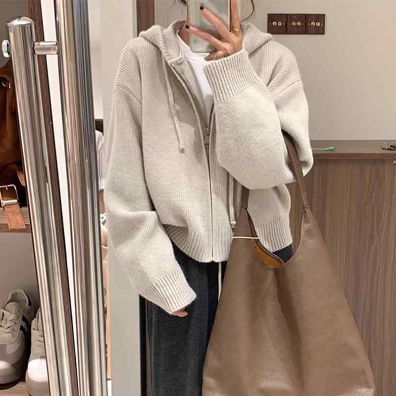 カーディガン レディース フード付き ジッパー ニット 秋冬 厚手 柔らかい素材感 性 上品 ゆったり 普段使い レイヤード 外出向き 暖か コーデ セーター 長袖 トップス