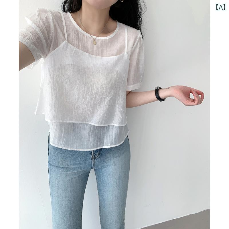 シフォンシャツ ブラウス 春夏涼感素材 ボタン付きフリル袖 レディース 半袖トップス 大人かわいい シンプル デザイン