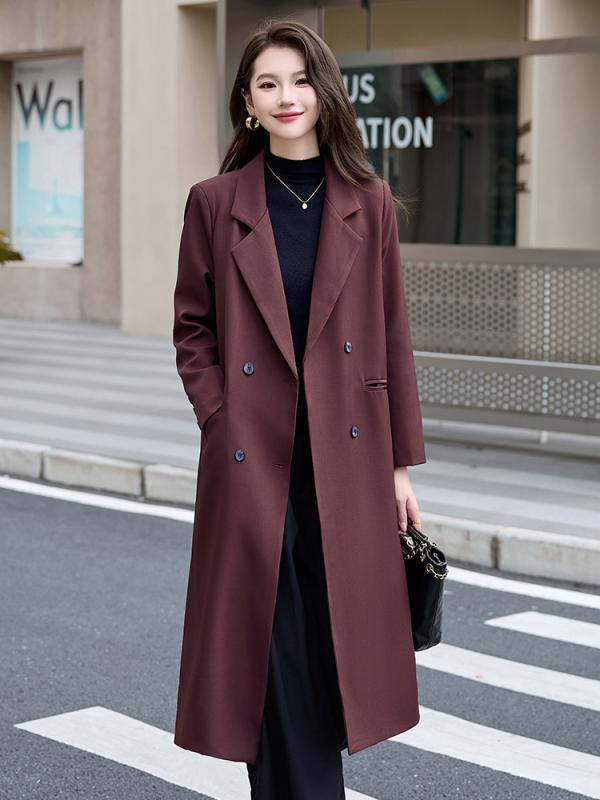 トレンチコート レディース ロング丈 ダブルブレスト ウエストマーク スタンドカラー ゆったりシルエット｜やすらぎマーケット