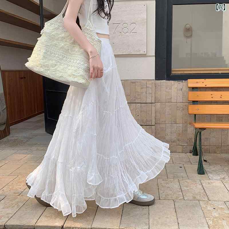 ロングスカート レディース 高腰Aライン プリーツチュール 甘め 軽やかシルエット 汎用スタイル