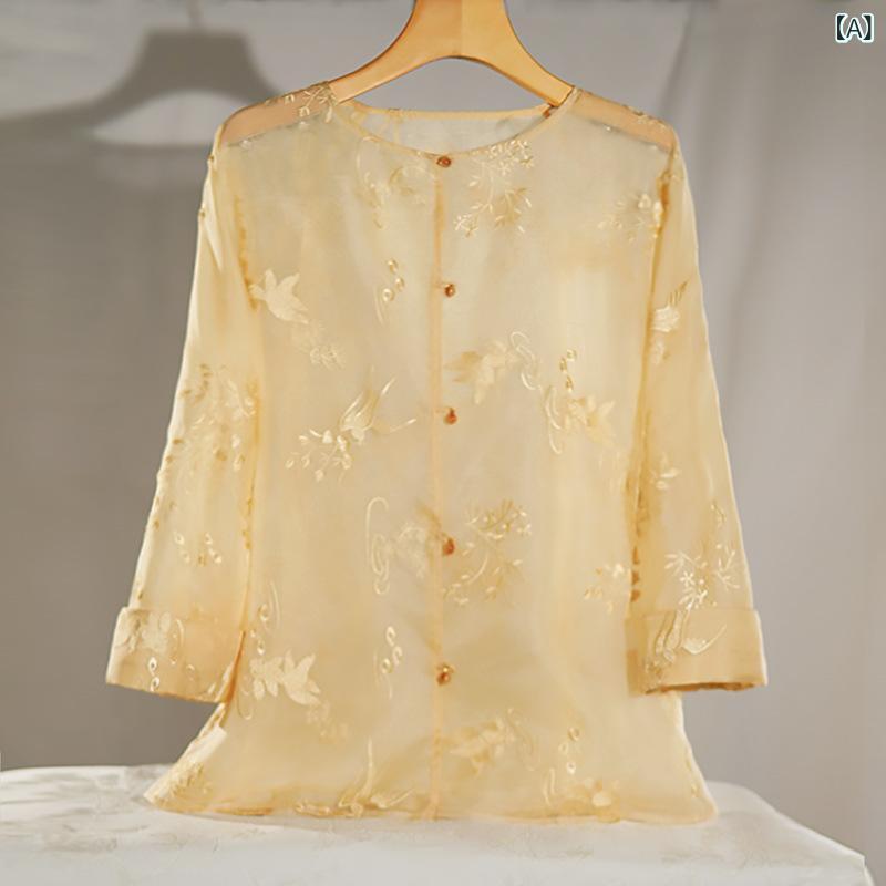 ブラウス レディース 長袖 刺繍 シースルーシャツ 羽織り 日焼け防止 UVカット 透け感 前開き スタンドカラー トップス 軽量 さらさら 涼しい 冷房対策 カジュアル きれいめシルエット 羽織もの｜やすらぎマーケット