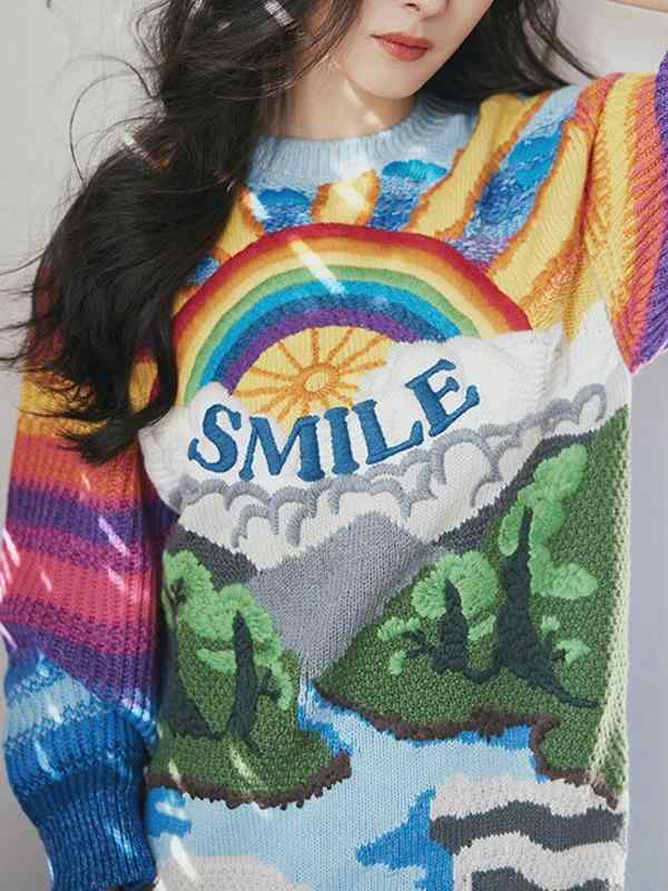 ニットセーター レディース 虹色刺繍 プルオーバー ジャカード柄 シャネル風 トップス