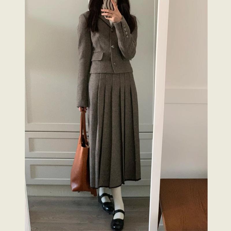スーツセット 女性 英国学院風 レトロ グレー ジャケット プリーツスカート 2点セット ファッション 通勤