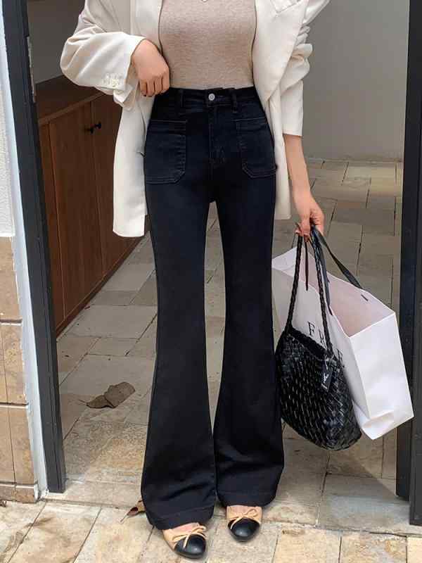 デニムパンツ レディース ハイウエスト 微フレア ストレッチ スリムシルエット 黒