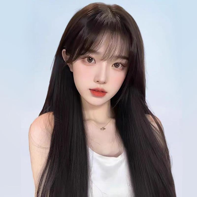 フルウィッグ レディース ロングストレート ぱっつん前髪 黒髪 フロントレース 自然なつむじ小顔効果ナチュラルシンプルベーシック定番スタンダードカジュアルナチュラルシンプルベーシック定番スタンダード｜やすらぎマーケット