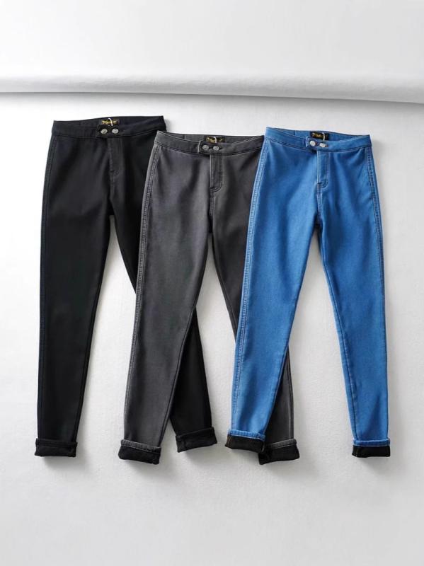 スキニーパンツ レディース ストレッチ スリムフィット ヒップアップ ツーボタン デニム素材 修身シルエット 弾力性 厚手加工 ロング丈 女性向け ボディライン強調 快適着用 日常使い シンプル