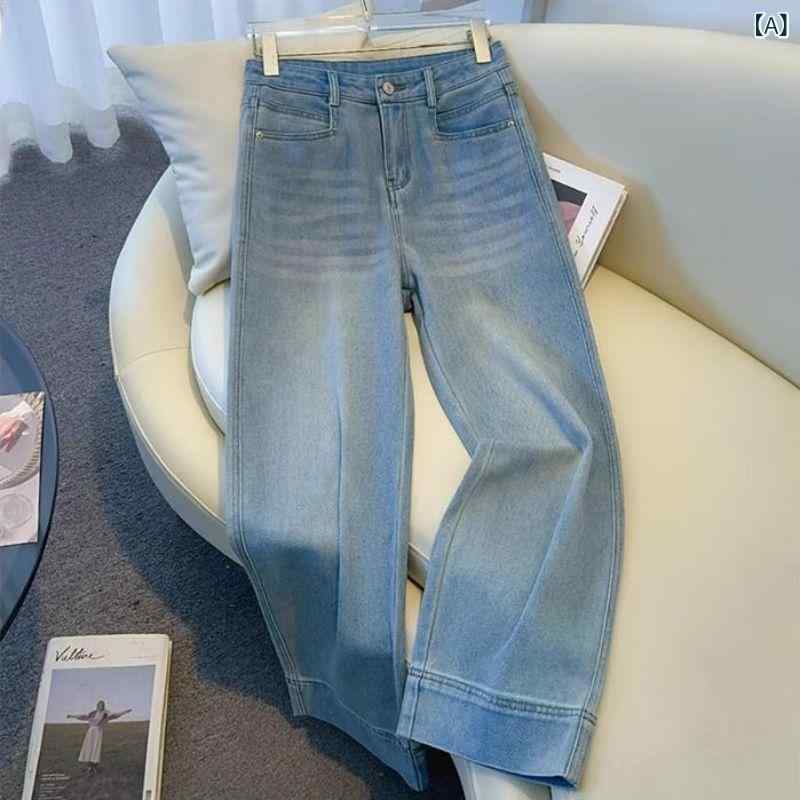 デニムパンツ レディース ワイドレッグ スリムシルエット ドレープ 厚手 ストレート ライトカラー シンプル きれいめ