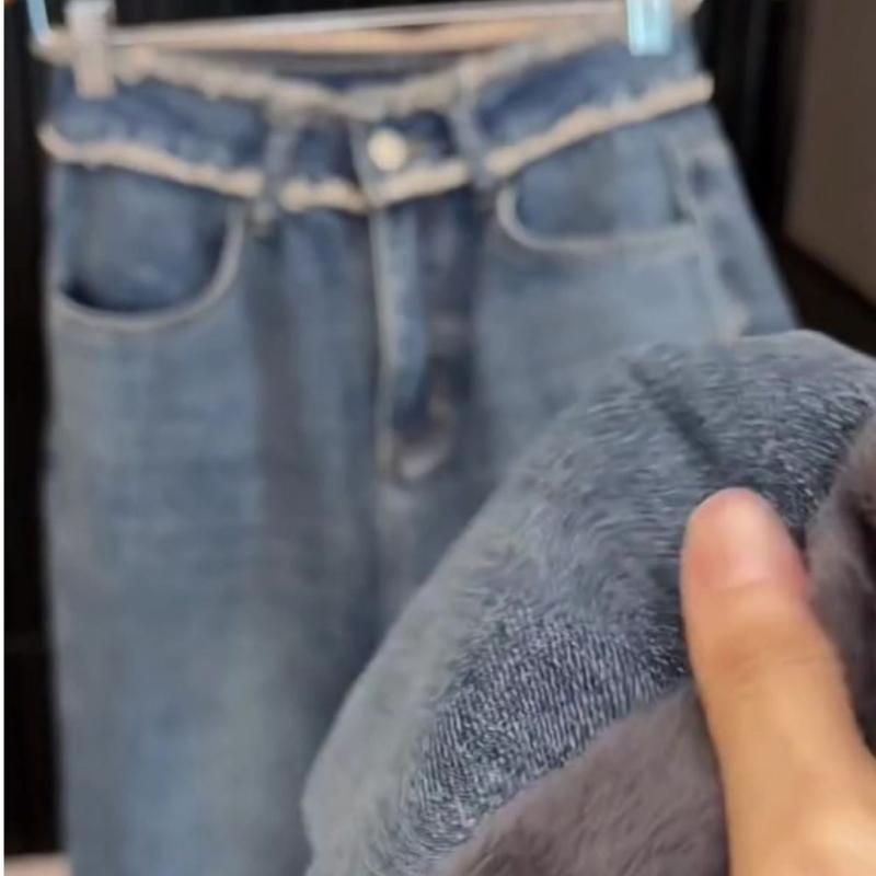デニムパンツ レディース ブルー ワイドストレート レトロ 厚手 スリム