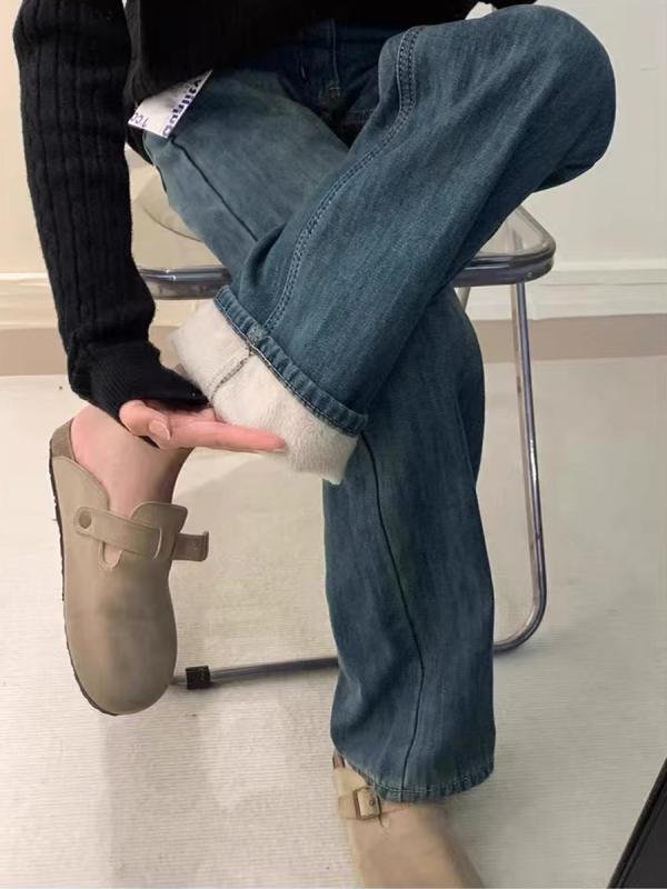 デニムパンツ レディース ハイウエスト ワイドレッグ ストレート ゆったり ロング 厚手 裏地付き 大きめサイズ ぽっちゃり対応 スリム効果