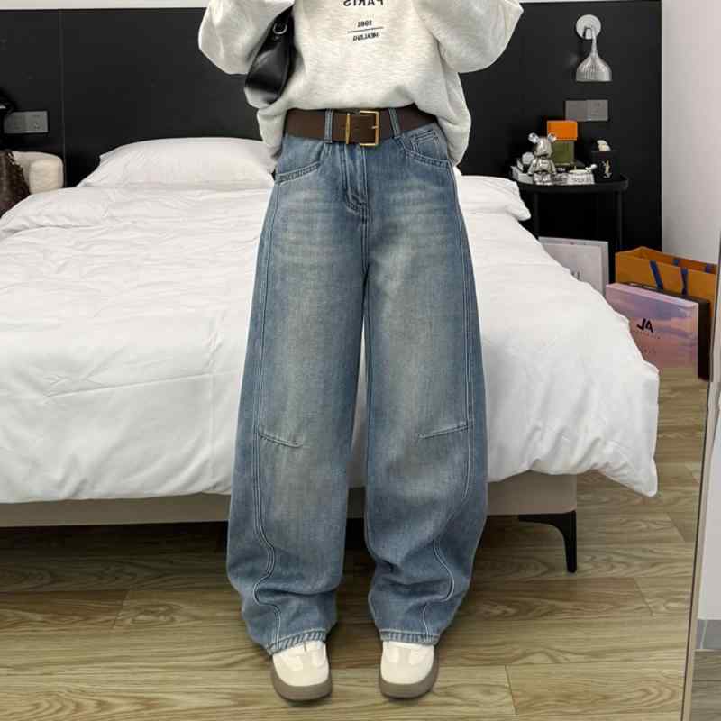 ワイドパンツ レディース ハイウエスト デニム フィット ロング丈 厚手裏地 レトロ スリムシルエット カジュアルロングパンツ