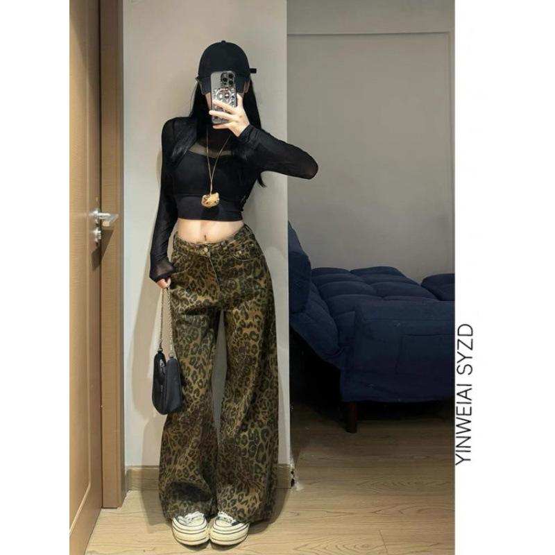 デニムパンツ レディース 豹柄 ワイドレッグ ハイウエスト ストレート ロング レトロ スリム カジュアル