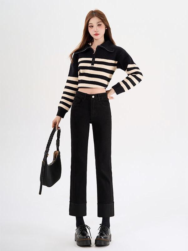 シガレットパンツ レディース デニム ストレート ハイウエスト スリム 小柄対応 ストレッチ 裏起毛 9分丈 細身シルエット