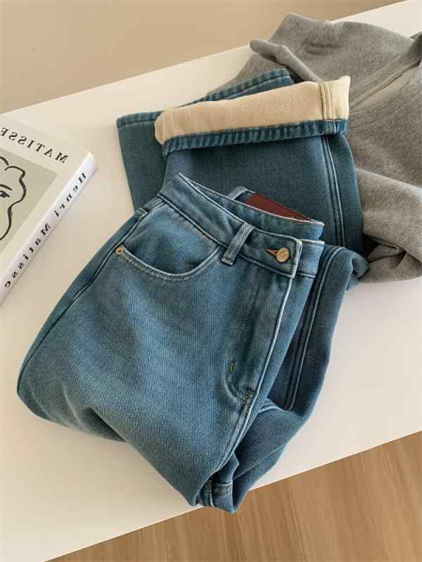 デニムパンツ レディース 高腰 ワイドレッグ ライトブルー 裏地付き ストレート シルエット スリム 通勤 暖か 合わせやすい