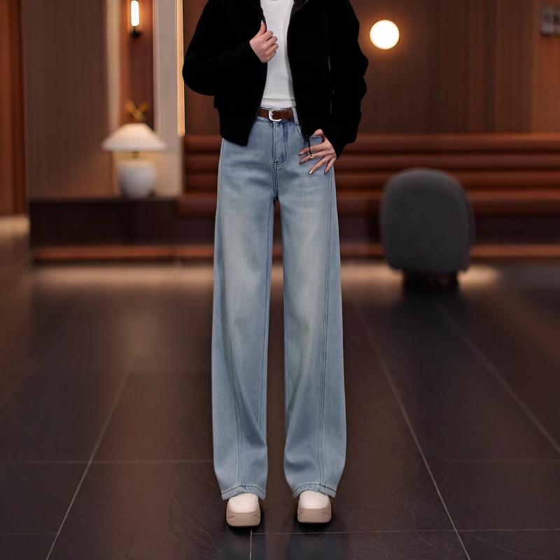 デニムパンツ レディース ハイウエスト ワイドレッグ ロング丈 厚手 ゆったり ストレート