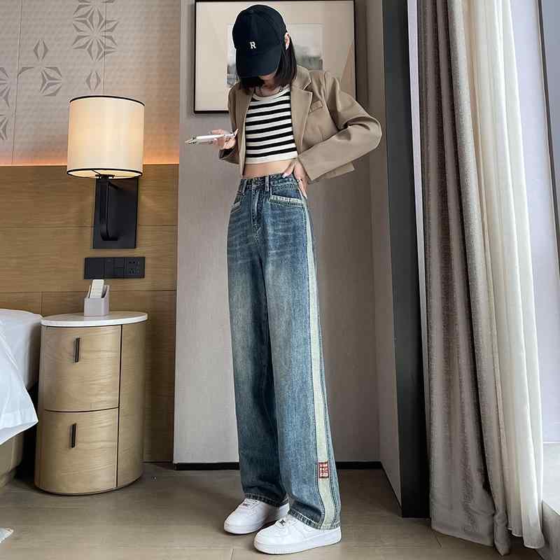 デニムパンツ レディース ストレートワイド レトロパッチワーク ハイウエスト ロング丈 フィット 細見え カジュアル コーディネート