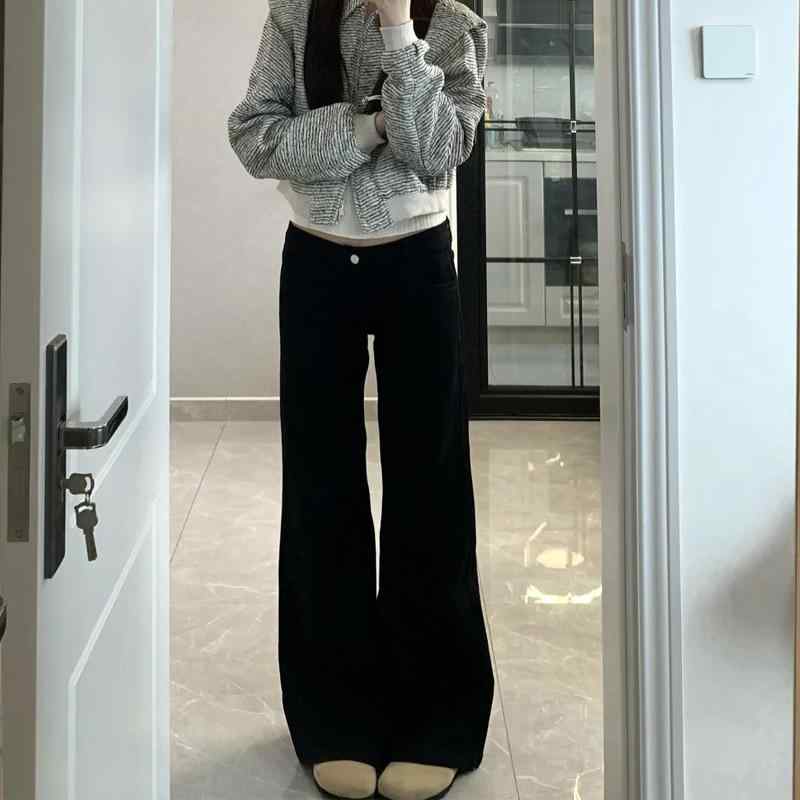 デニムパンツ レディース 黒 ワイドレッグ 微フレア ストレッチ スリムシルエット 大きめサイズ ノンスキニー 冬ライニング 弾力素材 ?・覧 馬蹄型 胖mm対応