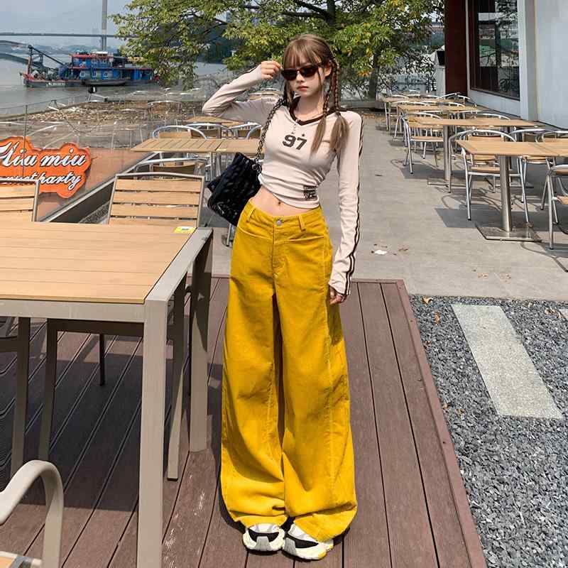 ワイドパンツ レディース 黄色 コーデュロイ ハイウエスト ストレート シルエット