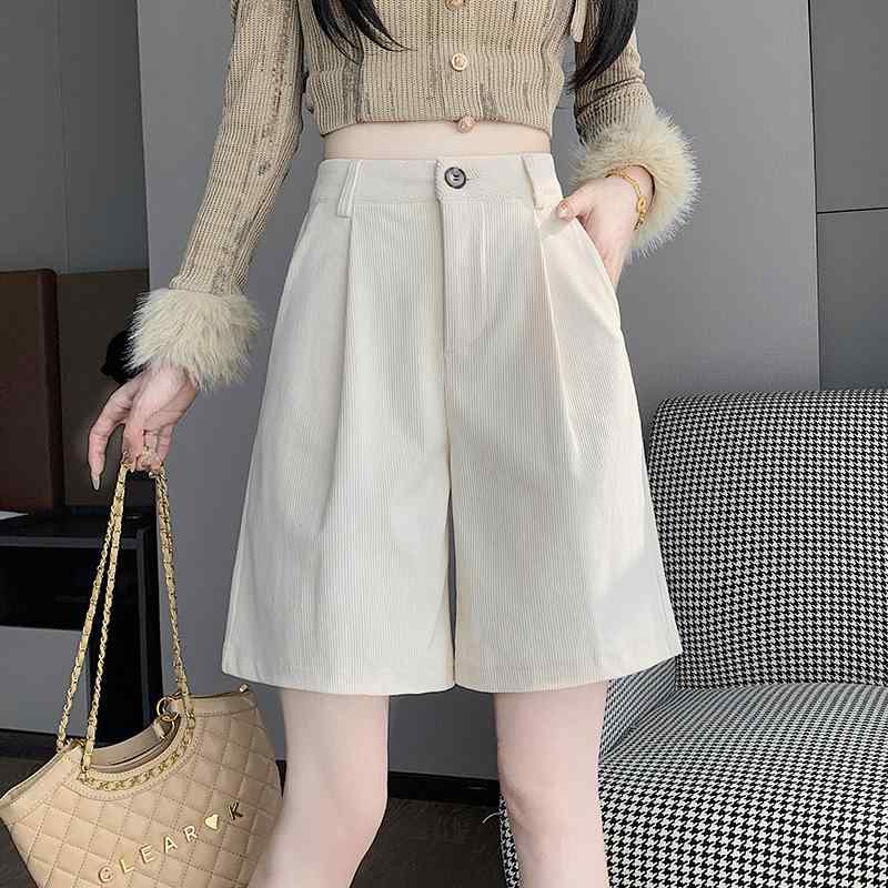 ショートパンツ レディース ハイウエスト ワイドレッグ 5分丈 コルドロイ 秋冬