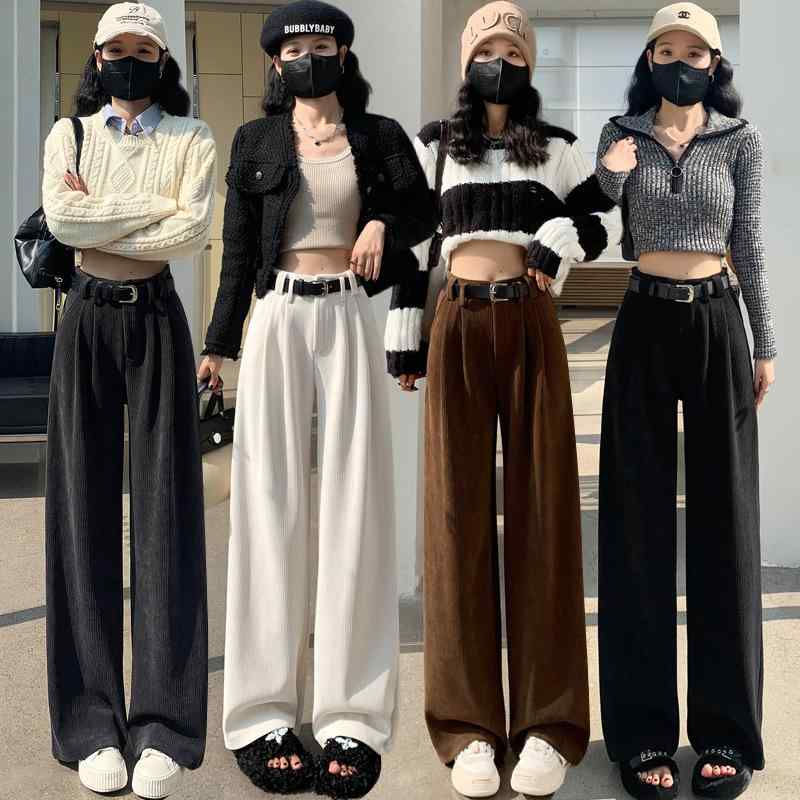 ワイドパンツ レディース ハイウエスト プリーツ コーデュロイ ストレート カジュアル ロングパンツ