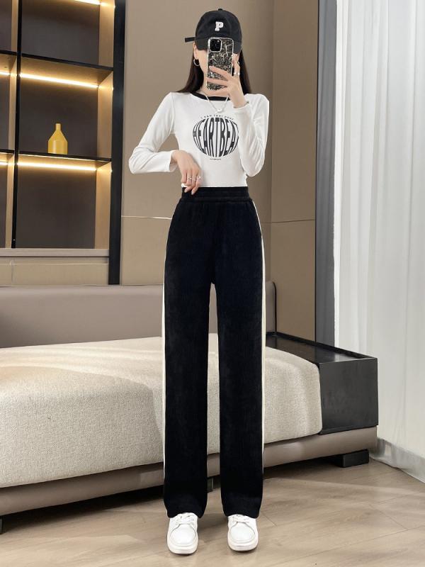 ワイドパンツ レディース 秋冬 高腰 フリース ニット ストレート ロングパンツ