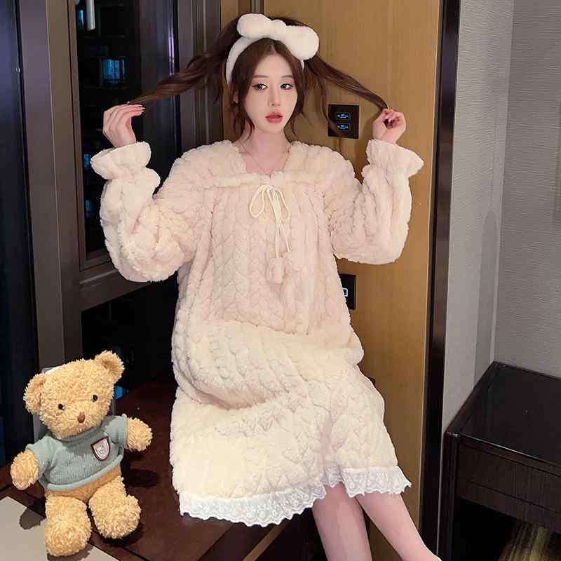 ネグリジェ レディース フランネル 厚手 ゆったり 大きいサイズ 秋冬 プリンセス風 部屋着