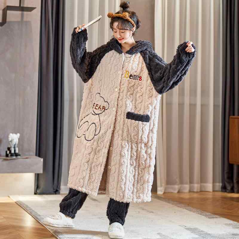 ルームローブ レディース ロング丈 珊瑚フリース フランネル ゆったり 大きいサイズ 暖か かわいい 冬用