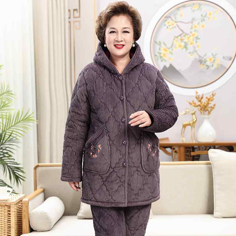 パジャマセット レディース 冬用加厚綿入 暖か家居服 シニア向け上下セット