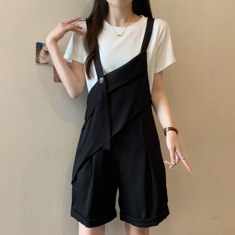 ツーピースセット レディース サスペンダー付き スーツ風 ショートパンツ Tシャツ 夏用 大きいサイズ スタイリッシュ